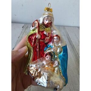 Vintage Nativity Joseph Mary Jesus glass ornament glitter religious Xmas tree